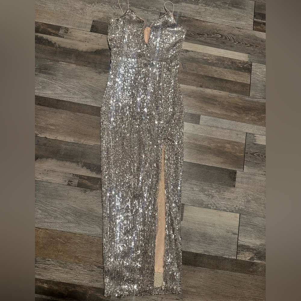 Silver Sequin Maxi Skirt with Side Slit